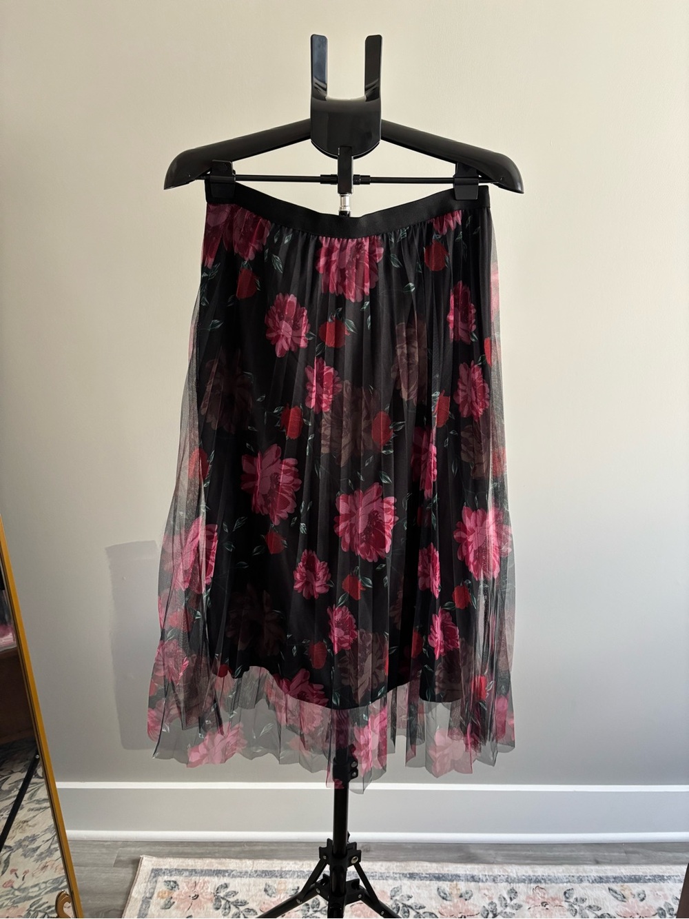 Metro Wear Black Midi Tulle Skirt with Pink Floral Print